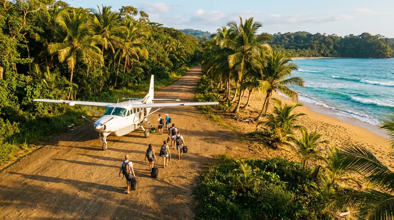 A small white SANSA prop plane on a jungle-fringed beach airstrip