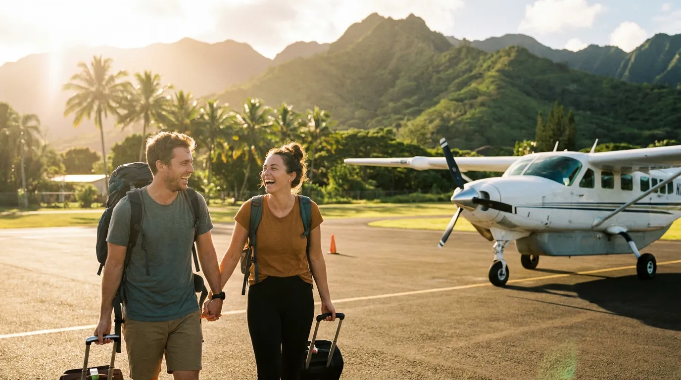Travelers walking across the tarmac toward a small SANSA turboprop at golden hour