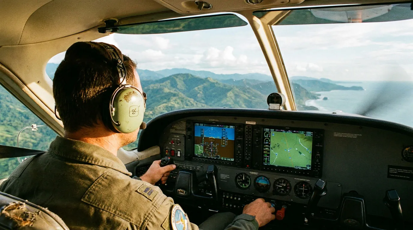 Over-the-shoulder view of a SANSA pilot in the Grand Caravan cockpit with mountains ahead