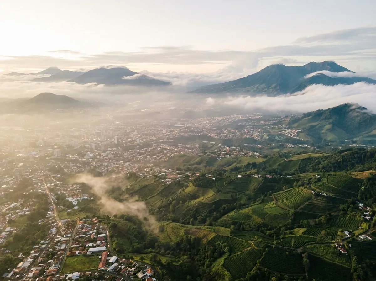 Aerial view of San José and the misty mountains of Costa Rica's Central Valley