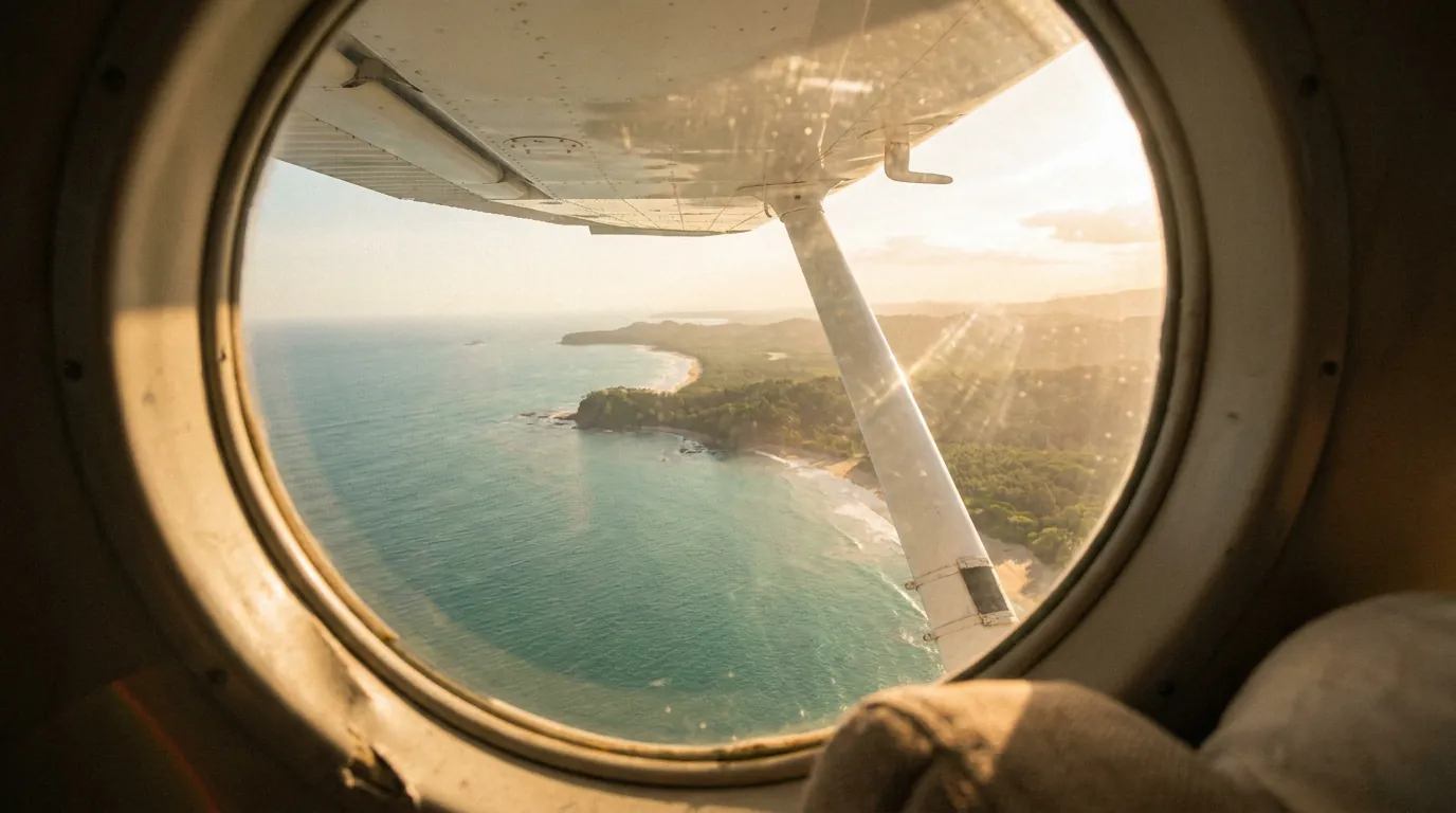View of the Costa Rican coastline from a small plane window